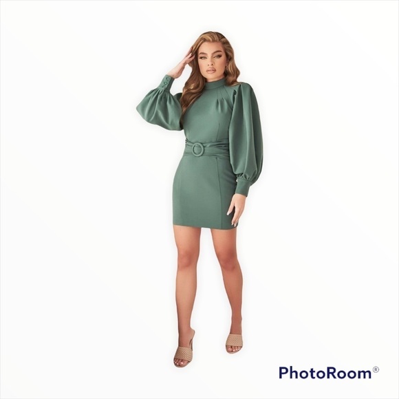 NWT LAVISH ALICE Sage Green Balloon Sleeve Open Back Mini Dress Size 12 - Picture 8 of 10